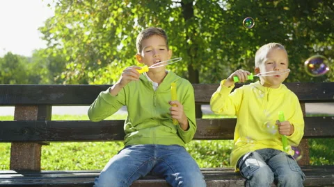 Brothers blowing soap bubbles Stock Footage 329673043