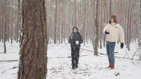 Brothers test their accuracy throwing snowballs at a tree target in winter Stock Footage 312000907