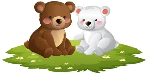 Brown and White Bear Cubs Sitting on Grass Patch 스톡 일러스트