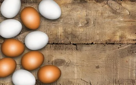 Brown and white easter eggs on wooden background, decoration. Rustic background 库存照片