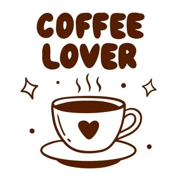 A brown and white hand-drawn illustration of a coffee cup with heart, steam, Stock Illustration