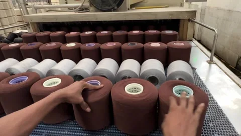 Brown and White Yarn Cones on Textile Production Line 스톡 동영상 335371513