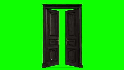 Brown antique wooden double door opens - green screen - door opening both sides Stock Footage