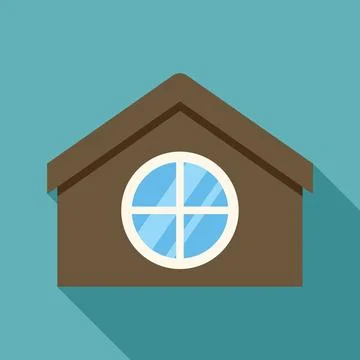 Brown attic with round window and long shadow on turquoise background Stock Illustration
