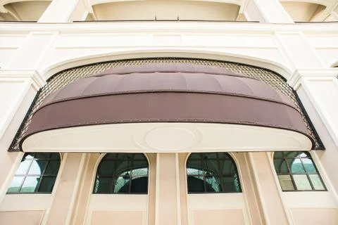 Brown awning Over Cafe Window. Cafe Tent. Fotos Stock