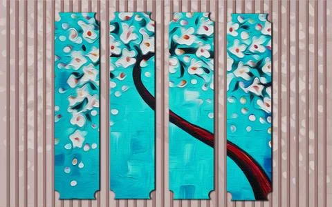 Brown background, a bright blue panel with an abstract flowering tree Stock Illustration