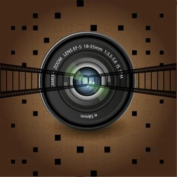 Brown background,  group of objects, lens, black, film Stock Illustration
