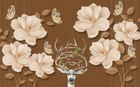 Brown background, large bright flowers, beige butterflies and deer head Stock Illustration