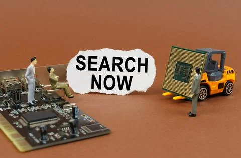 On a brown background, a loader, a processor, figures of people and paper wit Stock Photos