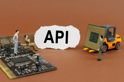 On a brown background, a loader, a processor, a microcircuit, figures of peop Stock Photos