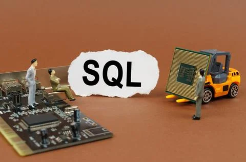 On a brown background, a loader, a processor, a microcircuit, figures of peop 스톡 사진