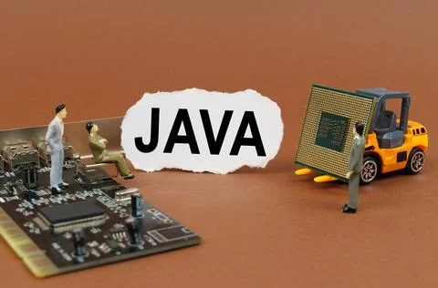 On a brown background, a loader, a processor, a microcircuit, figures of peop 写真素材