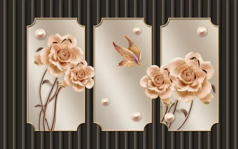 Brown background, three vintage frames, pearls, roses, butterfly Stock Illustration