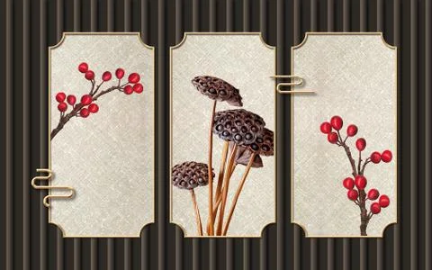 Brown background, three vintage frames, red berries, buds of a water lily Stock Illustration