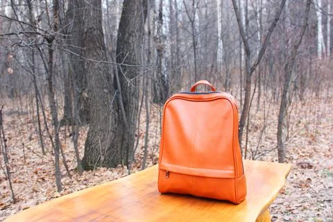 Brown Backpack Genuine Leather Backpack. or backpack on a wooden table in the Stock Photos