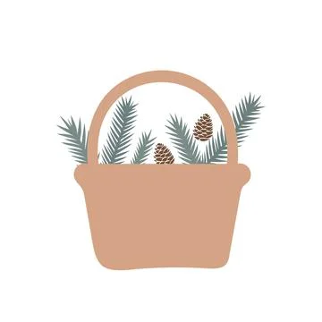 Brown Basket with Pine Branches and Cones. Flat Illustration Stock Illustration