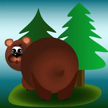 Brown bear from the back in the forest children's illustration Stock Illustration