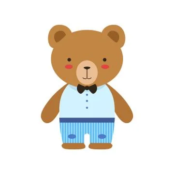 Brown Bear In Bow Tie, Blue Pants And White Top Cute Toy Baby Animal Dressed As Stock Illustration