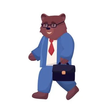 Brown bear character goes to work in blue formal suit, glasses and a bag in h Stock Illustration