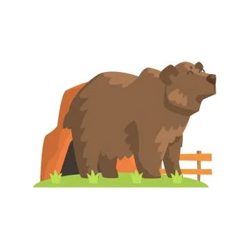 Brown Bear Coming Out Of Bear Den Standing On Green Grass Patch In Open Air Zoo 스톡 일러스트