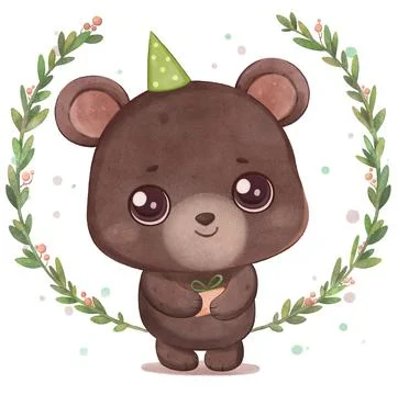 Brown bear cub in a festive cap with a gift. Stock Illustration