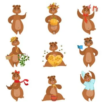 Brown Bear Different Activities Set Of Girly Character Stickers Stock Illustration