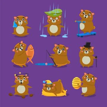 Brown Bear Different Emotions Set Stock Illustration
