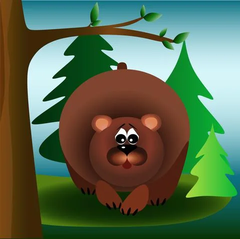Brown bear in the forest under the tree children's illustration Stock Illustration