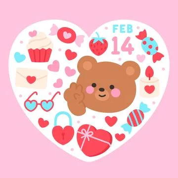 Brown Bear in Heart Frame Surrounded by February 14 Valentine Symbols Illustrazione stock