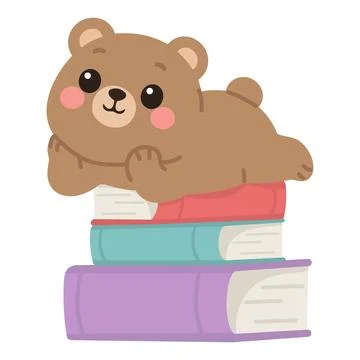 Brown bear lying on a stack of books Illustrazione stock