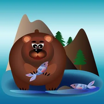 Brown bear in a mountain river catching fish children's illustration Stock Illustration