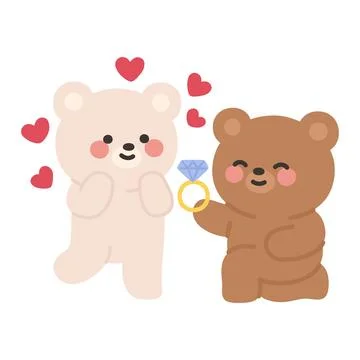 Brown Bear Proposing to White Bear with a Ring and Heart Icon Stock Illustration