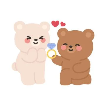 Brown Bear Proposing to White Bear with a Diamond Ring and Heart Icon Stock Illustration