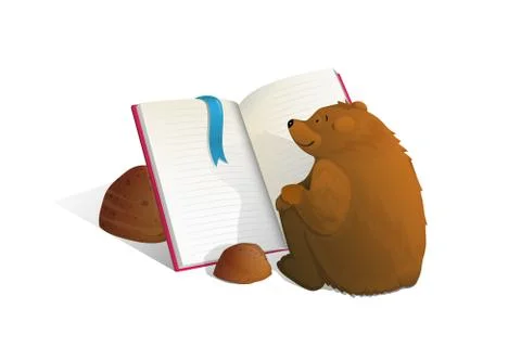 Brown bear sitting reading book education cartoon. Stock Illustration