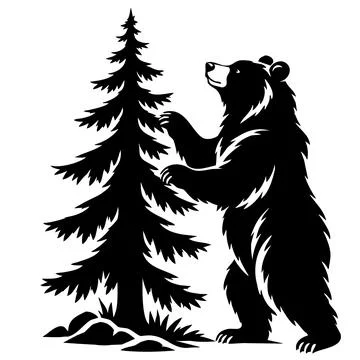 Brown Bear Standing Beside Pine Tree Silhouette Stock Illustration