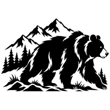 Brown Bear Walking Through Mountain Forest Silhouette Stock Illustration