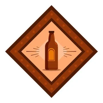 Brown beer bottle with blank label in diamond frame with shining rays Stock Illustration