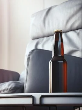 Brown beer bottle on coffee table in cozy interior. 3d rendering Stock Illustration