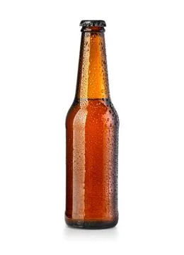 Brown beer  bottle with drops Stock Photos