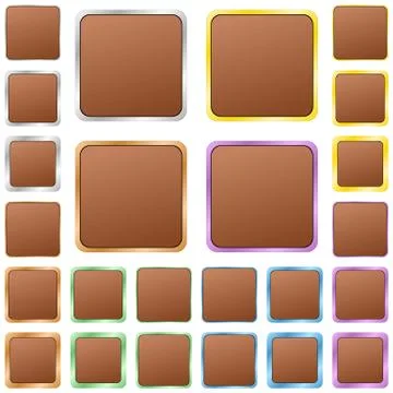 Brown blank square metal button set Stock Illustration