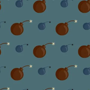 Brown bomb shapes seamless pattern in decorative style. Blue pale background. イラスト素材