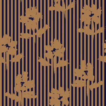 Brown Botanical Floral Seamless Pattern with striped Background 스톡 일러스트