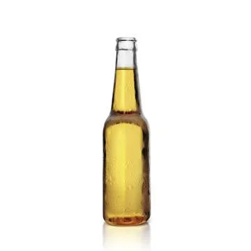 Brown bottle of fresh beer with drops of condensation on a white background. Stock Illustration