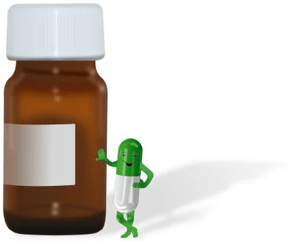 Brown bottle with green pill smiling Stock Photos