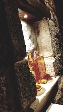 Brown bottles on a window ledge found in Croatia Stock Photos