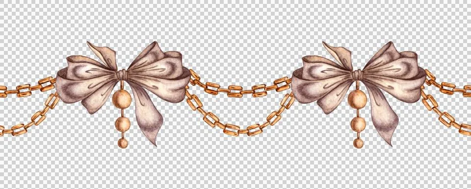 Brown bows with gold chain pattern horizontal watercolor イラスト素材