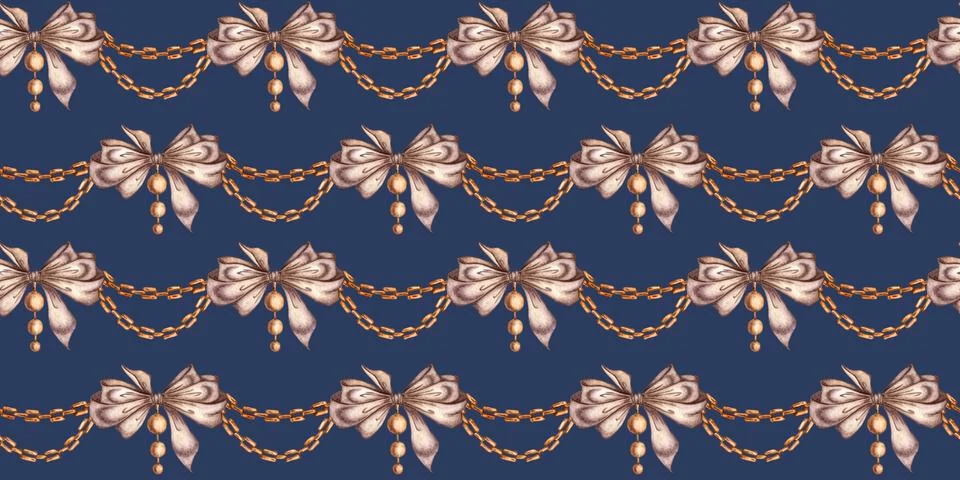 Brown bows with gold chain pattern on blue background in watercolor イラスト素材