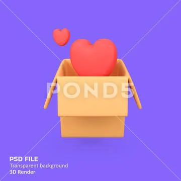 Brown Box with Red Heart isolated 3d render icon illustration Modello PSD