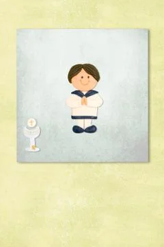Brown boy celebrating first communion invitation card Stock Illustration