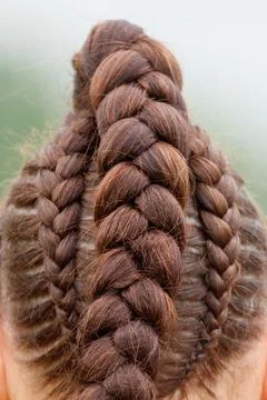 Brown braids cascade down a person's back. Hair is thick, textured, and sty.. Stock Photos